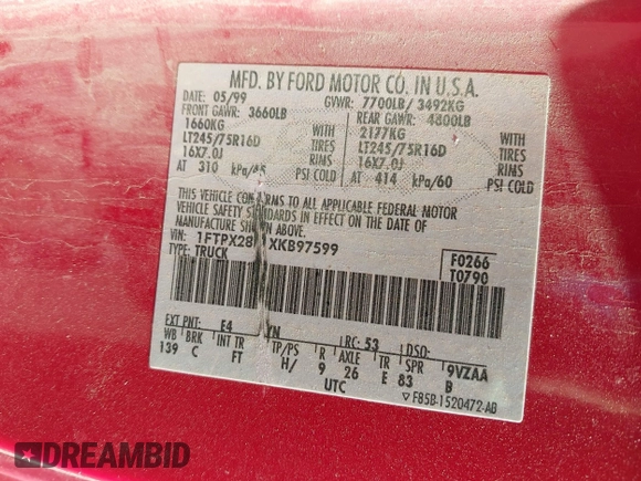 1999 Ford F-250 with VIN 1FTPX28L1XKB97599, listed as a IAAI auction lot 42523803 with 357,976 mi miles and . Bid and sale history available at DreamBid. Image 9.