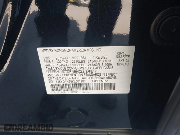 2019 Acura MDX z VIN 5J8YD4H38KL001980, wystawiony jako IAAI lot #42273111 z przebiegiem 52 680 mil mil oraz . Historia ofert i sprzedaży dostępna na DreamBid. Obrazek 9.