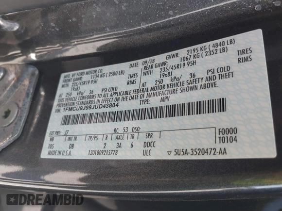 2018 Ford Escape Titanium with VIN 1FMCU9J99JUD43804, listed as a IAAI auction lot 41101250 with 56,438 mi miles and . Bid and sale history available at DreamBid. Image 9.