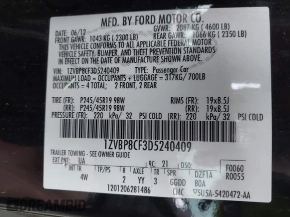 2013 Ford Mustang GT with VIN 1ZVBP8CF3D5240409, listed as a IAAI auction lot 41022550 with 133,744 mi miles. Bid and sale history available at carsss.com. Image 9.