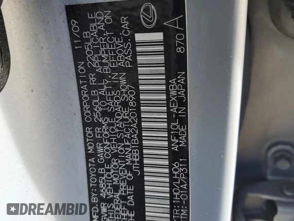 2010 Lexus HS 250h with VIN JTHBB1BA2A2018907, listed as a Copart auction lot 79086074 with 102,212 mi miles and Clean Title. Bid and sale history available at DreamBid. Image 12.