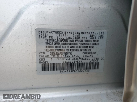 2015 Nissan Sentra SL with VIN 3N1AB7AP6FY220750, listed as a Copart auction lot 51371865 with 104,821 mi miles and Salvage Title. Bid and sale history available at DreamBid. Image 14.