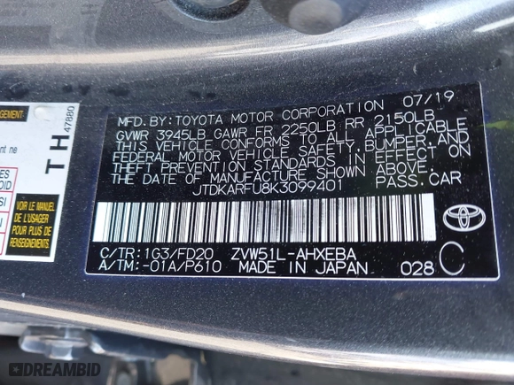 2019 Toyota Prius L Eco with VIN JTDKARFU8K3099401, listed as a IAAI auction lot 41939253 with 47,760 mi miles. Bid and sale history available at carsss.com. Image 9.