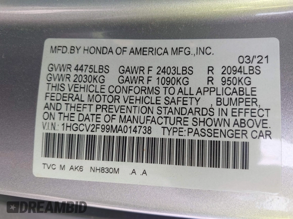 2021 Honda Accord Touring with VIN 1HGCV2F99MA014738, listed as a IAAI auction lot 42392129 with 25,802 mi miles and . Bid and sale history available at DreamBid. Image 9.