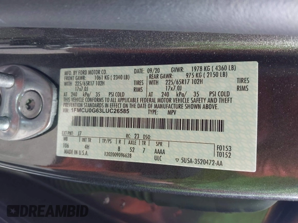 2020 Ford Escape SE z VIN 1FMCU0G63LUC26585, wystawiony jako IAAI lot #42332332 z przebiegiem 62 681 mil mil oraz . Historia ofert i sprzedaży dostępna na DreamBid. Obrazek 9.