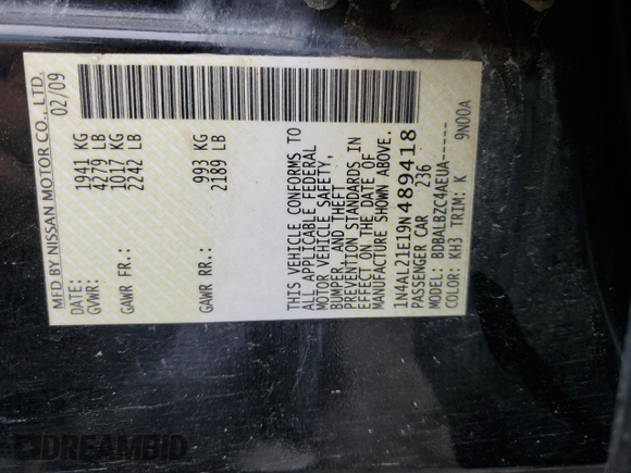 2009 Nissan Altima SL with VIN 1N4AL21E19N489418, listed as a Copart auction lot 53065085 with 172,738 mi miles and Salvage Title. Bid and sale history available at DreamBid. Image 12.