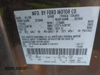 2008 Ford F-150 XLT with VIN 1FTPW14V88FC12131, listed as a IAAI auction lot 42787324 with 203,951 mi miles and . Bid and sale history available at DreamBid. Image 9.