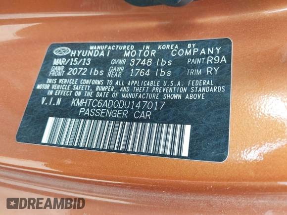 2013 Hyundai Veloster w/Black Int with VIN KMHTC6AD0DU147017, listed as a IAAI auction lot 42707858 with 115,130 mi miles and . Bid and sale history available at DreamBid. Image 9.