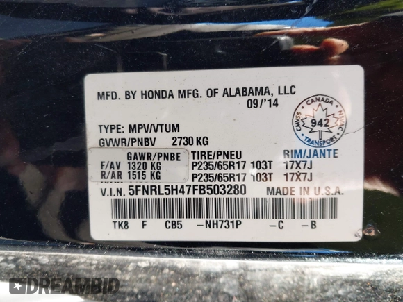 2015 Honda Odyssey EX with VIN 5FNRL5H47FB503280, listed as a IAAI auction lot 40932917 with 254,551 mi miles and . Bid and sale history available at DreamBid. Image 9.
