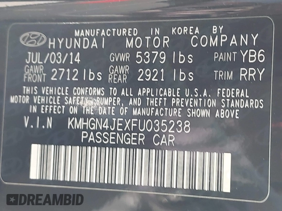 2015 Hyundai Genesis 3.8L with VIN KMHGN4JEXFU035238, listed as a IAAI auction lot 42007463 with 96,557 mi miles and . Bid and sale history available at DreamBid. Image 9.