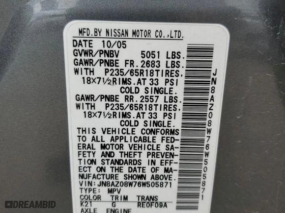 2006 Nissan Murano SE with VIN JN8AZ08W76W505871, listed as a Copart auction lot 72713984 with 130,160 mi miles and Salvage Title. Bid and sale history available at carsss.com. Image 14.