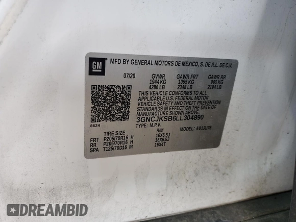 2020 Chevrolet Trax LS with VIN 3GNCJKSB6LL304890, listed as a Copart auction lot 60427315 with Not provided miles and Salvage title. Bid and sale history available at DreamBid. Image 12.