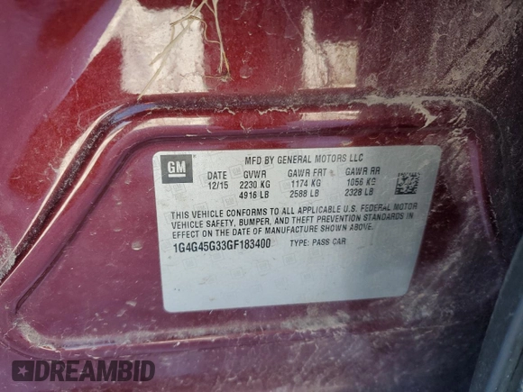 2016 Buick LaCrosse Sport Touring with VIN 1G4G45G33GF183400, listed as a Copart auction lot 41443495 with Not provided miles and Salvage title. Bid and sale history available at DreamBid. Image 12.