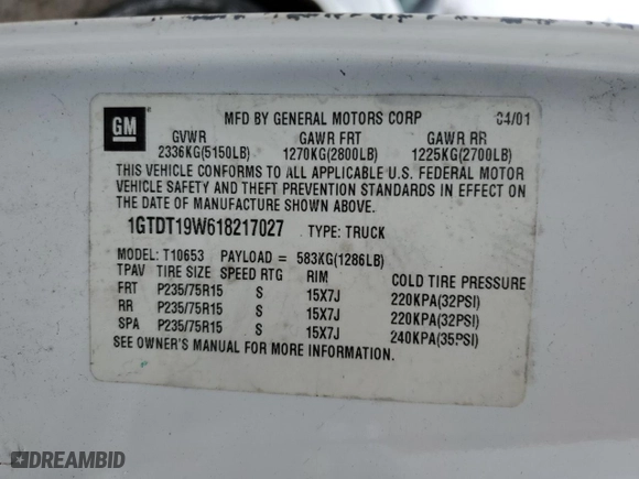 2001 GMC Sonoma SLS w/1SH Pkg with VIN 1GTDT19W618217027, listed as a Copart auction lot 87254654 with 162,109 mi miles and Salvage Title. Bid and sale history available at carsss.com. Image 12.