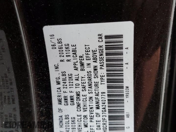2016 Honda Accord Sedan LX with VIN 1HGCR2F37GA240779, listed as a Copart auction lot 86540084 with 52,356 mi miles and Salvage Title. Bid and sale history available at carsss.com. Image 14.