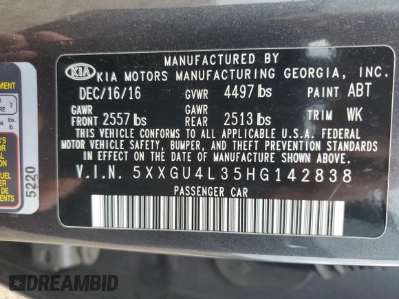2017 Kia Optima EX with VIN 5XXGU4L35HG142838, listed as a Copart auction lot 57722595 with 132,729 mi miles and Salvage title. Bid and sale history available at DreamBid. Image 12.