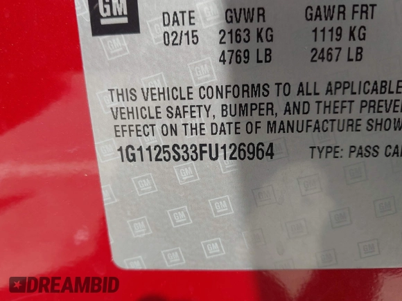 2015 Chevrolet Impala LT with VIN 1G1125S33FU126964, listed as a IAAI auction lot 42094019 with 175,612 mi miles and . Bid and sale history available at DreamBid. Image 9.