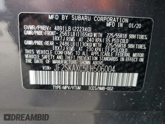 2020 Subaru Forester Touring with VIN JF2SKAXC5LH506004, listed as a Copart auction lot 54275425 with 33,834 mi miles and Clean title. Bid and sale history available at DreamBid. Image 13.