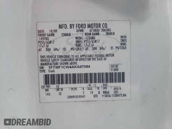 2010 Ford F-150 XL with VIN 1FTMF1CW4AKA97084, listed as a Copart auction lot 44815785 with 198,246 mi miles and Clean title. Bid and sale history available at DreamBid. Image 12.