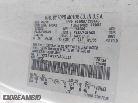 1999 Ford F-150 с VIN 1FTRX18W2XNB30523, выставлен на аукционе IAAI как лот 41617531 с пробегом 319 673 миль миль и . История ставок и продаж доступна на DreamBid. Изображение 9.