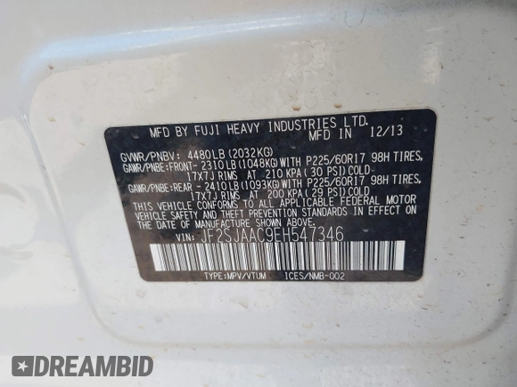 2014 Subaru Forester 2.5i with VIN JF2SJAAC9EH547346, listed as a IAAI auction lot 41900003 with 156,911 mi miles and . Bid and sale history available at DreamBid. Image 9.