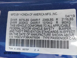 2019 Honda Accord Sport with VIN 1HGCV1F36KA076004, listed as a IAAI auction lot 42130414 with 75,689 mi miles and . Bid and sale history available at DreamBid. Image 9.