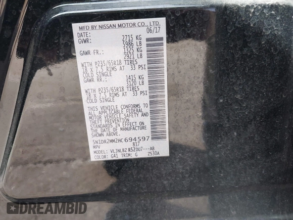 2017 Nissan Pathfinder SL with VIN 5N1DR2MM2HC694597, listed as a IAAI auction lot 41843269 with 115,583 mi miles. Bid and sale history available at carsss.com. Image 9.