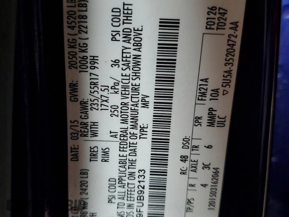 2015 Ford Escape SE with VIN 1FMCU0GX9FUB92133, listed as a Copart auction lot 54834935 with 109,110 mi miles and Clean Title. Bid and sale history available at DreamBid. Image 13.