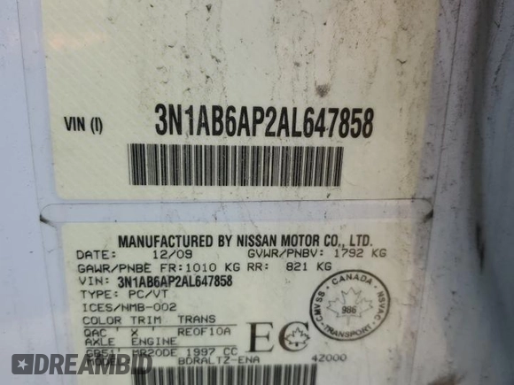 2010 Nissan Sentra 2.0 with VIN 3N1AB6AP2AL647858, listed as a Copart auction lot 59342625 with 193,014 mi miles and Clean title. Bid and sale history available at DreamBid. Image 12.
