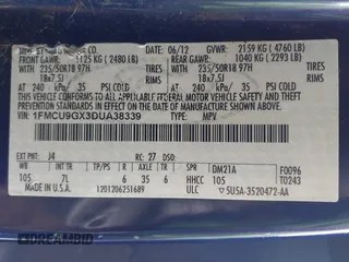 2013 Ford Escape SE с VIN 1FMCU9GX3DUA38339, выставлен на аукционе IAAI как лот 42313615 с пробегом 186 008 миль миль и . История ставок и продаж доступна на DreamBid. Изображение 9.