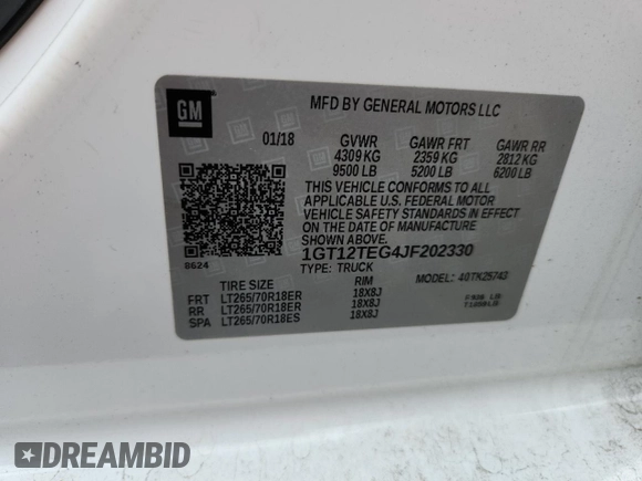 2018 GMC Sierra 2500HD SLT with VIN 1GT12TEG4JF202330, listed as a Copart auction lot 62895355 with 87,049 mi miles and Salvage title. Bid and sale history available at DreamBid. Image 12.