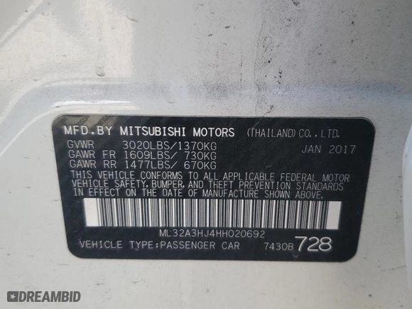 2017 Mitsubishi Mirage ES with VIN ML32A3HJ4HH020692, listed as a Copart auction lot 47865045 with 69,246 mi miles and Salvage Title. Bid and sale history available at carsss.com. Image 13.