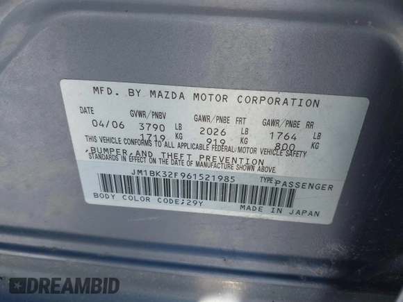 2006 Mazda 3 i Touring with VIN JM1BK32F961521985, listed as a IAAI auction lot 41360059 with 221,961 mi miles and . Bid and sale history available at DreamBid. Image 9.