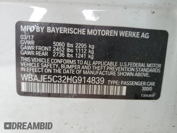 2017 BMW 5 Series 540i with VIN WBAJE5C32HG914839, listed as a Copart auction lot 54565725 with 71,795 mi miles and Salvage title. Bid and sale history available at DreamBid. Image 12.