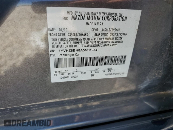 2010 Mazda 6 i Sport with VIN 1YVHZ8BH8A5M31954, listed as a Copart auction lot 60073815 with 183,327 mi miles and Salvage title. Bid and sale history available at DreamBid. Image 12.