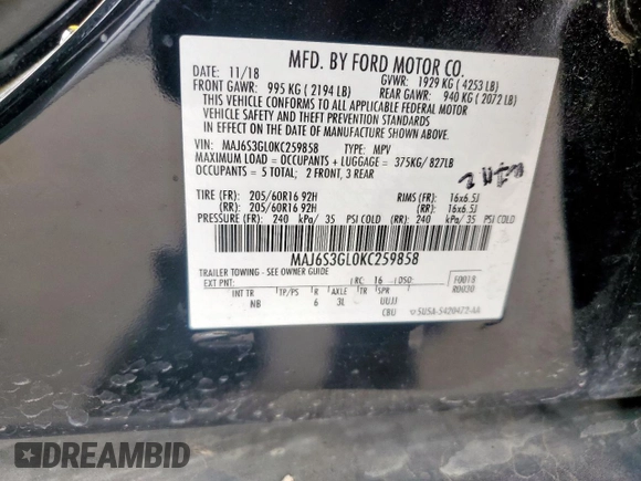 2019 Ford EcoSport SE with VIN MAJ6S3GL0KC259858, listed as a Copart auction lot 56474165 with 56,903 mi miles and Salvage Title. Bid and sale history available at DreamBid. Image 13.