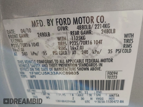2010 Ford Escape Hybrid z VIN 1FMCU5K33AKC89835, wystawiony jako IAAI lot #41915349 z przebiegiem 125 659 mil mil oraz . Historia ofert i sprzedaży dostępna na DreamBid. Obrazek 9.
