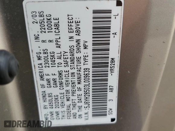 2003 Honda Element EX with VIN 5J6YH28503L009639, listed as a Copart auction lot 54396725 with 142,056 mi miles and Salvage Title. Bid and sale history available at DreamBid. Image 12.