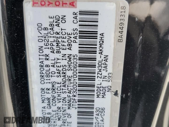 2000 Toyota MR2 z VIN JTDFR3200Y0006035, wystawiony jako Copart lot #56325275 z przebiegiem 143 879 mil mil oraz Szkoda całkowita • Salvage title. Historia ofert i sprzedaży dostępna na DreamBid. Obrazek 12.