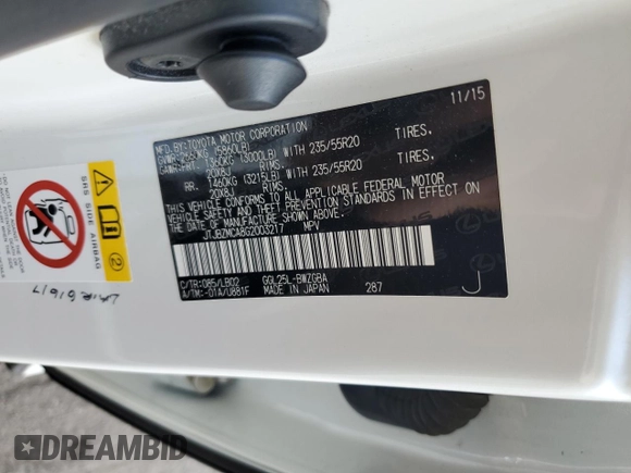 2016 Lexus RX 350 with VIN JTJBZMCA8G2003217, listed as a Copart auction lot 56563635 with 113,581 mi miles and Salvage title. Bid and sale history available at DreamBid. Image 13.