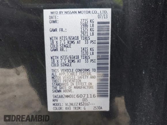 2014 Nissan Pathfinder SL with VIN 5N1AR2MM0EC607116, listed as a IAAI auction lot 41944716 with 215,670 mi miles and . Bid and sale history available at DreamBid. Image 9.