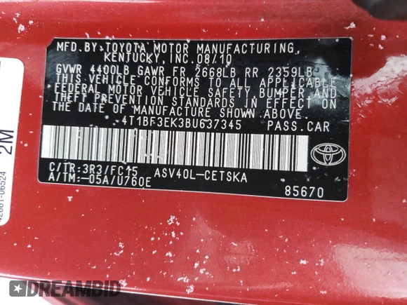2011 Toyota Camry LE with VIN 4T1BF3EK3BU637345, listed as a Copart auction lot 86959514 with 161,863 mi miles and Salvage Title. Bid and sale history available at DreamBid. Image 12.