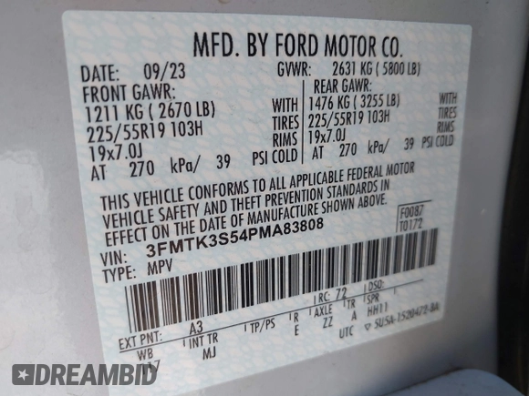 2023 Ford Mustang Mach-E Premium with VIN 3FMTK3S54PMA83808, listed as a IAAI auction lot 42773564 with 17,215 mi miles and . Bid and sale history available at DreamBid. Image 9.