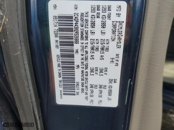 2002 Chrysler Town & Country LX with VIN 2C4GP44302R526868, listed as a Copart auction lot 85161764 with 81,133 mi miles and Clean Title. Bid and sale history available at carsss.com. Image 13.
