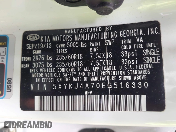 2014 Kia Sorento EX with VIN 5XYKU4A70EG516330, listed as a IAAI auction lot 42462400 with 146,221 mi miles and . Bid and sale history available at DreamBid. Image 9.