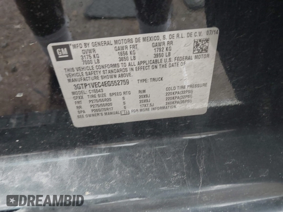 2014 GMC Sierra 1500 SLT with VIN 3GTP1VEC4EG552759, listed as a IAAI auction lot 41705478 with 58,906 mi miles and . Bid and sale history available at DreamBid. Image 9.