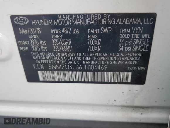 2018 Hyundai Santa Fe 2.4L z VIN 5NMZU3LB6JH104469, wystawiony jako Copart lot #57587495 z przebiegiem 78 267 mil mil oraz Szkoda całkowita • Salvage title. Historia ofert i sprzedaży dostępna na DreamBid. Obrazek 13.