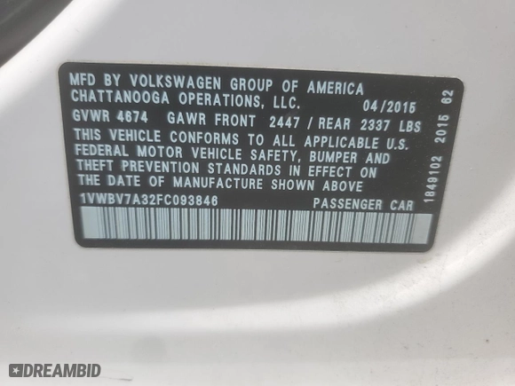 2015 Volkswagen Passat 2.0L TDI SE w/Sunroof with VIN 1VWBV7A32FC093846, listed as a Copart auction lot 52032715 with 124,434 mi miles and Salvage Title. Bid and sale history available at carsss.com. Image 12.