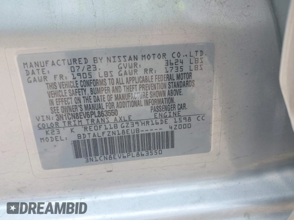 2023 Nissan Versa SV z VIN 3N1CN8EV6PL863550, wystawiony jako IAAI lot #42316295 z przebiegiem 43 353 mil mil oraz . Historia ofert i sprzedaży dostępna na DreamBid. Obrazek 9.