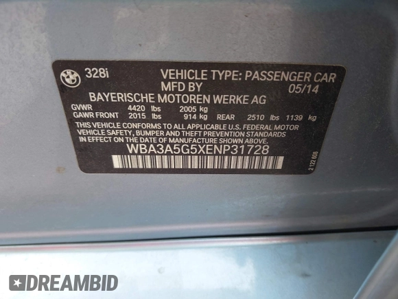 2014 BMW 3 Series 328i z VIN WBA3A5G5XENP31728, wystawiony jako IAAI lot #42446341 z przebiegiem 134 141 mil mil oraz . Historia ofert i sprzedaży dostępna na DreamBid. Obrazek 9.